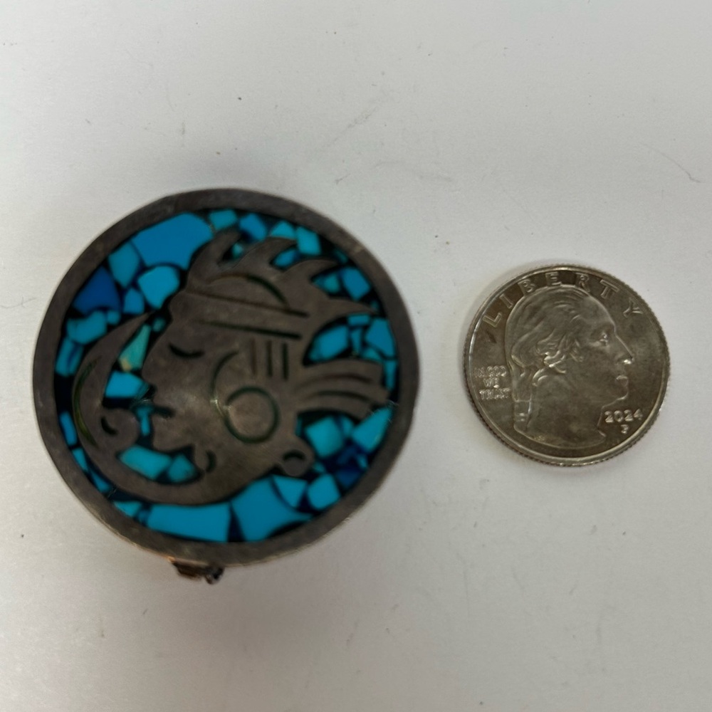 Vintage Sterling Silver Mexico Taxco trinket box crush turquoise inlay 34 grams - Picture 6 of 7